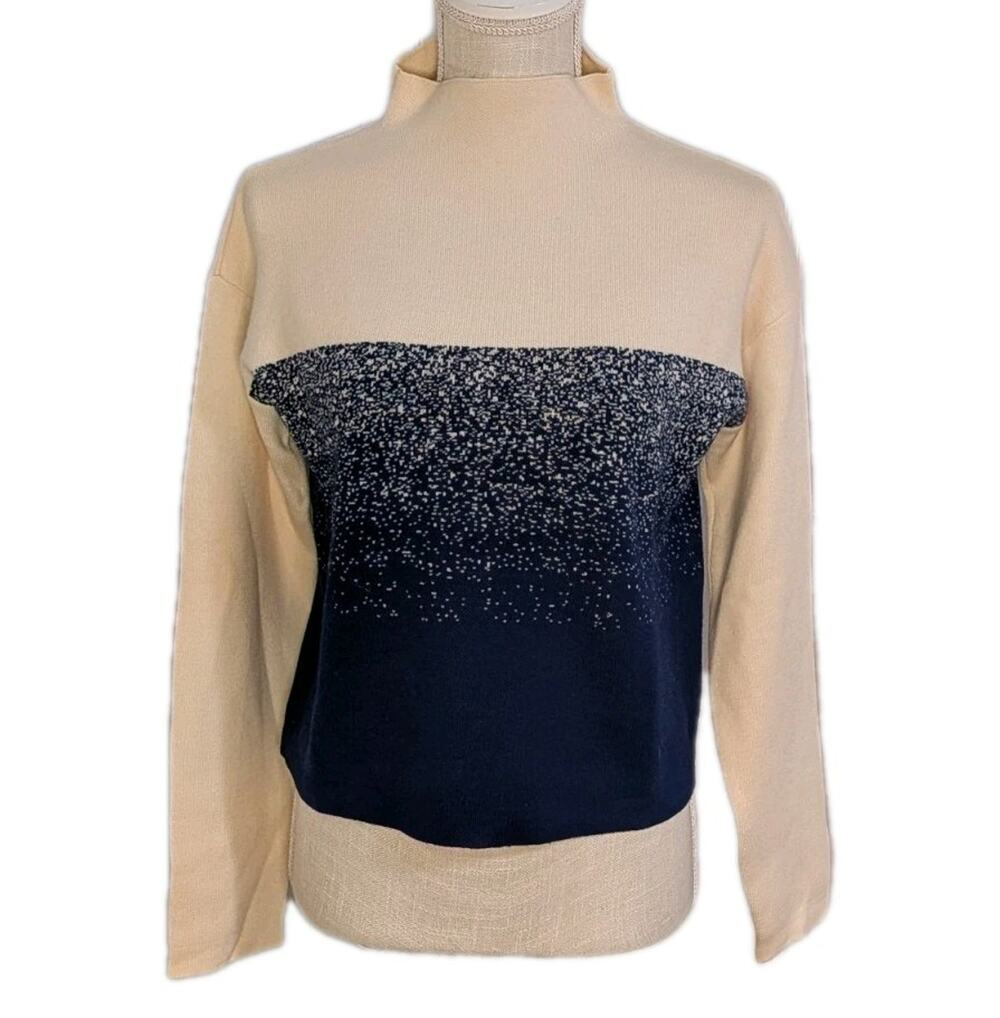 Margaret O' Leary Mock Neck Merino Wool Cream Navy Colorblock Dot Sweater Small